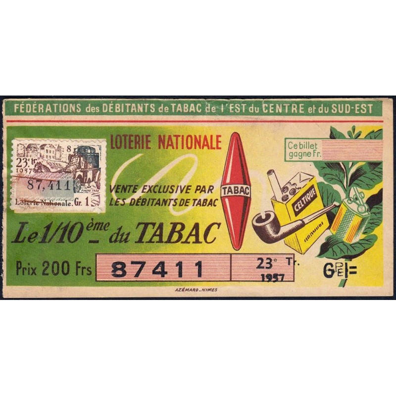1957 - Loterie Nationale - 23e tranche Gr. I - 1/10ème - Débitants Tabac - Etat : TB+