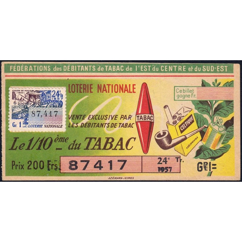 1957 - Loterie Nationale - 24e tranche Gr. I - 1/10ème - Débitants Tabac - Etat : TTB+
