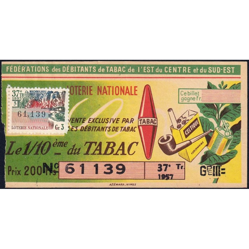 1957 - Loterie Nationale - 37e tranche Gr. III - 1/10ème - Débitants Tabac - Etat : TB-