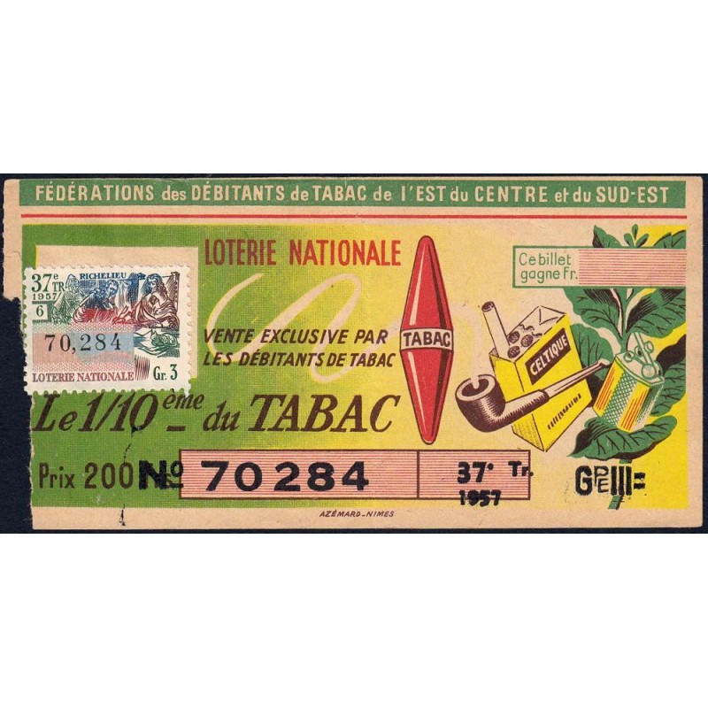 1957 - Loterie Nationale - 37e tranche Gr. III - 1/10ème - Débitants Tabac - Etat : B+