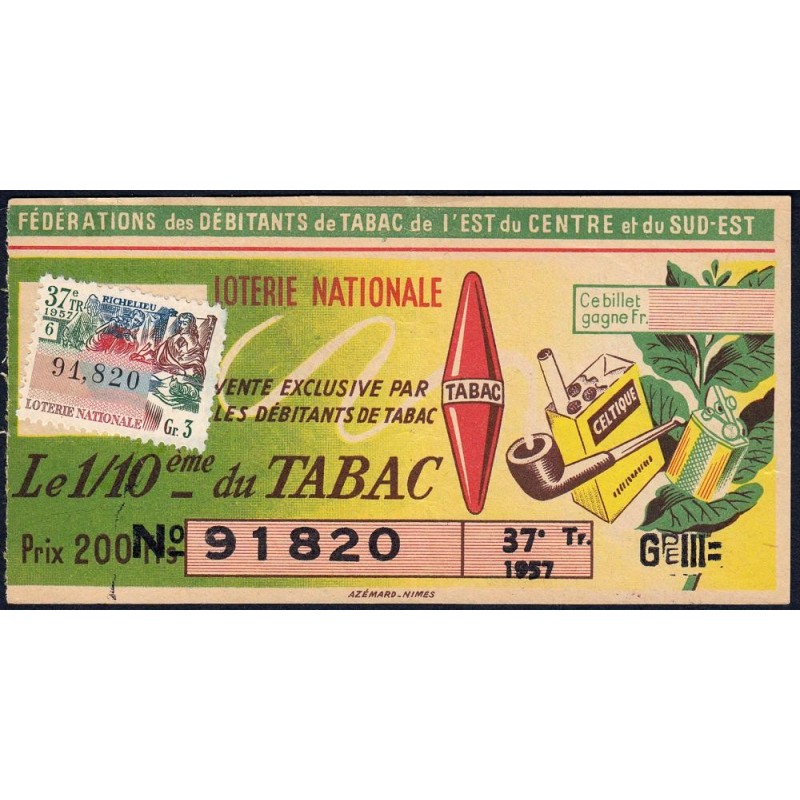 1957 - Loterie Nationale - 37e tranche Gr. III - 1/10ème - Débitants Tabac - Etat : TTB+