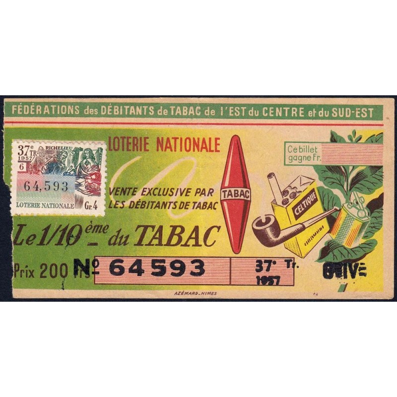 1957 - Loterie Nationale - 37e tranche Gr. IV - 1/10ème - Débitants Tabac - Etat : TB-
