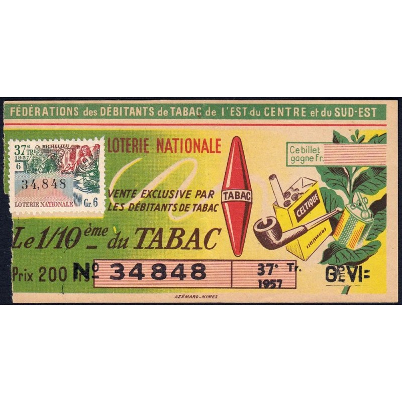 1957 - Loterie Nationale - 37e tranche Gr. VI - 1/10ème - Débitants Tabac - Etat : TB-