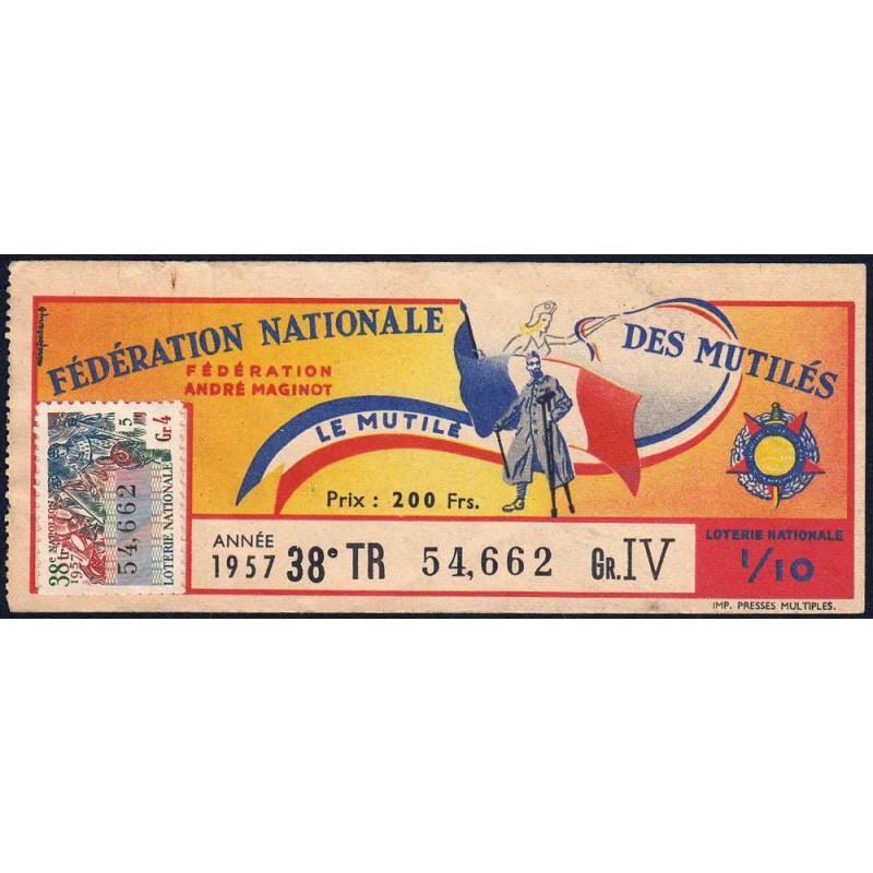 1957 - Loterie Nationale - 38e tranche Gr. IV - 1/10ème - Fédération des Mutilés - Etat : TTB