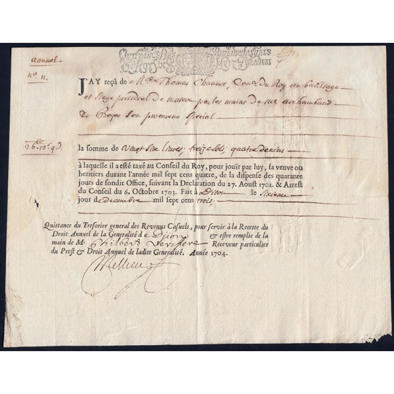 Saône-et-Loire - Mâcon - Louis XIV - Revenus casuels 1704 - 26 livres - Etat : TTB+