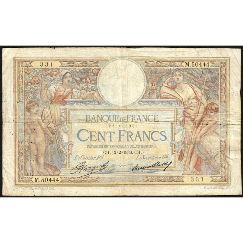 F 24-15 - 13/02/1936 - 100 francs - Merson grands cartouches - Série M.50444 - Etat : TB-