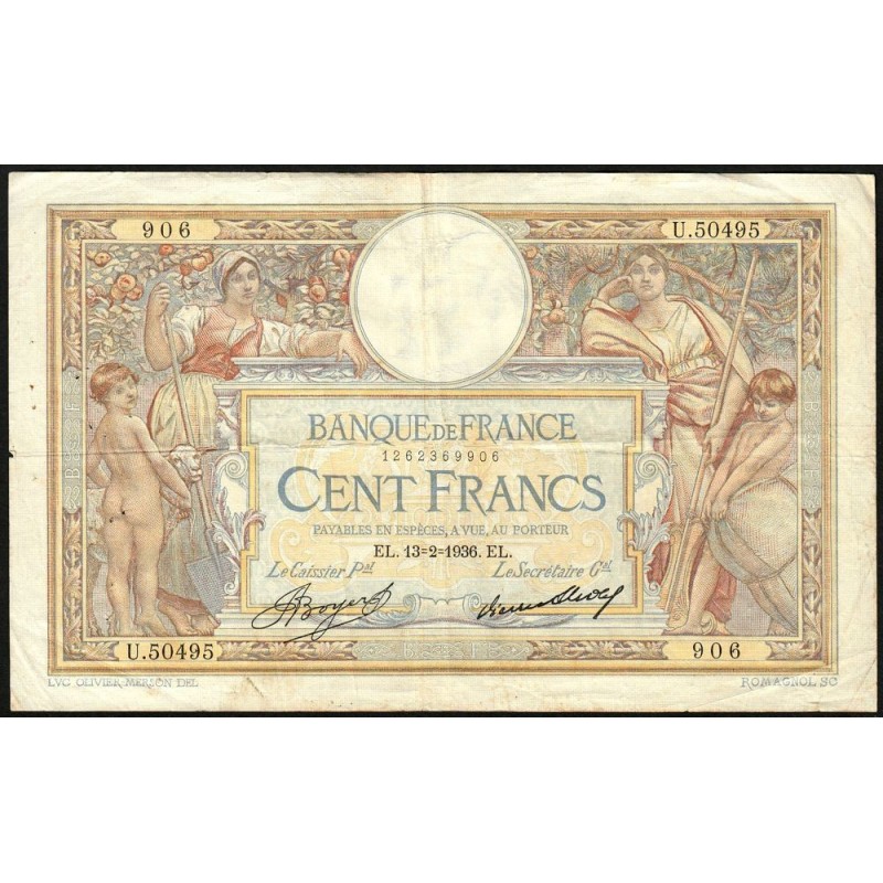 F 24-15 - 13/02/1936 - 100 francs - Merson grands cartouches - Série U.50495 - Etat : TTB-
