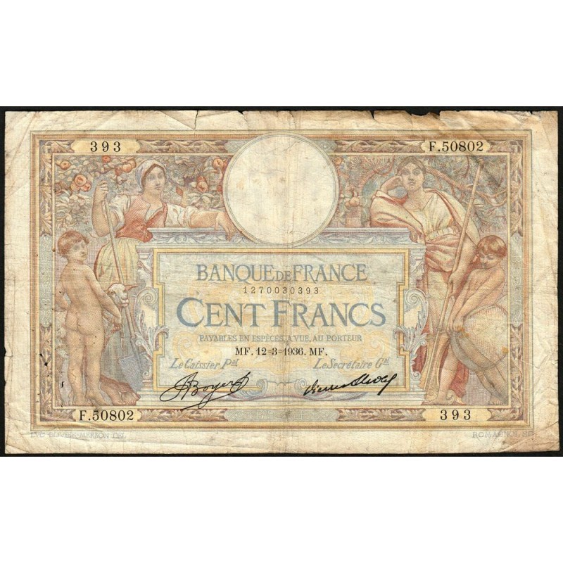 F 24-15 - 12/03/1936 - 100 francs - Merson grands cartouches - Série F.50802 - Etat : B