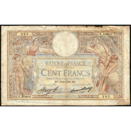 F 24-15 - 12/03/1936 - 100 francs - Merson grands cartouches - Série F.50802 - Etat : B