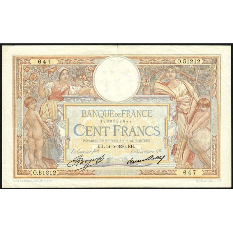 F 24-15 - 14/05/1936 - 100 francs - Merson grands cartouches - Série O.51212 - Etat : TTB+