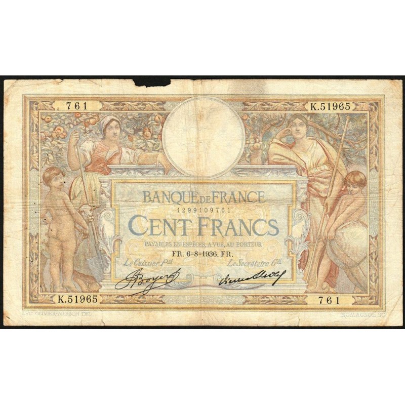 F 24-15 - 06/08/1936 - 100 francs - Merson grands cartouches - Série K.51965 - Etat : B-