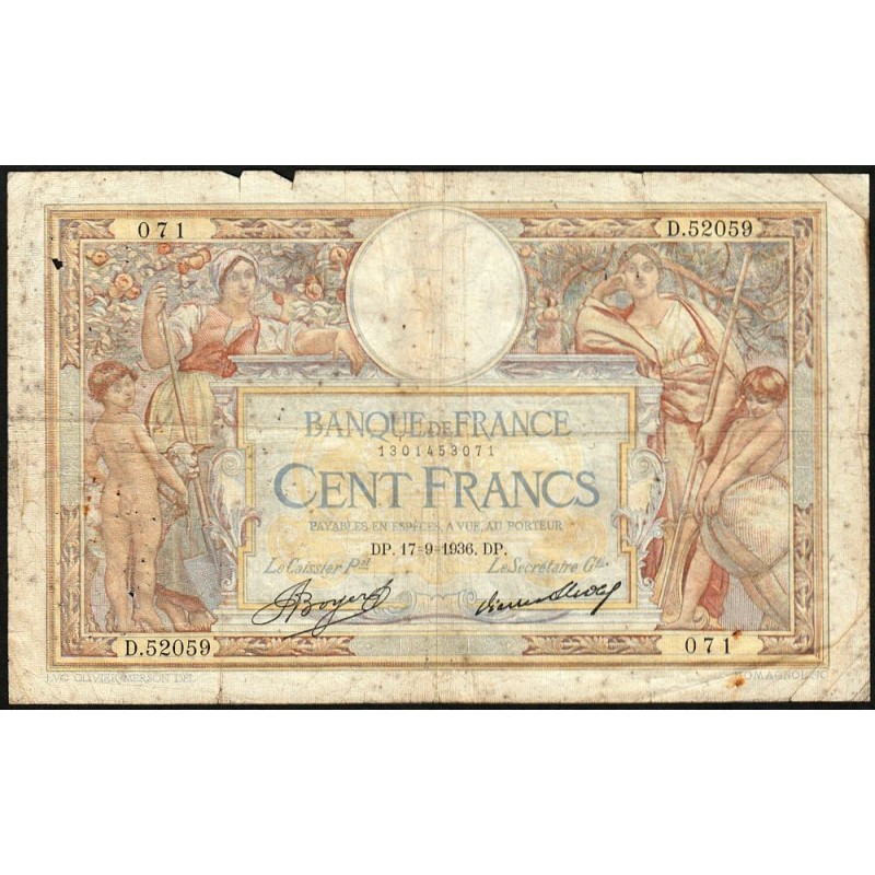 F 24-15 - 17/09/1936 - 100 francs - Merson grands cartouches - Série D.52059 - Etat : B-