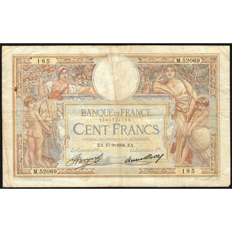F 24-15 - 17/09/1936 - 100 francs - Merson grands cartouches - Série M.52069 - Etat : TB-
