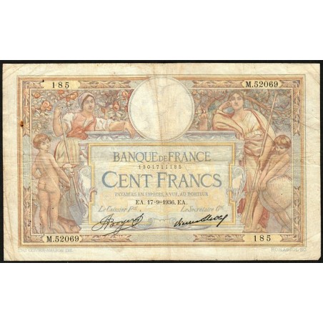 F 24-15 - 17/09/1936 - 100 francs - Merson grands cartouches - Série M.52069 - Etat : TB-