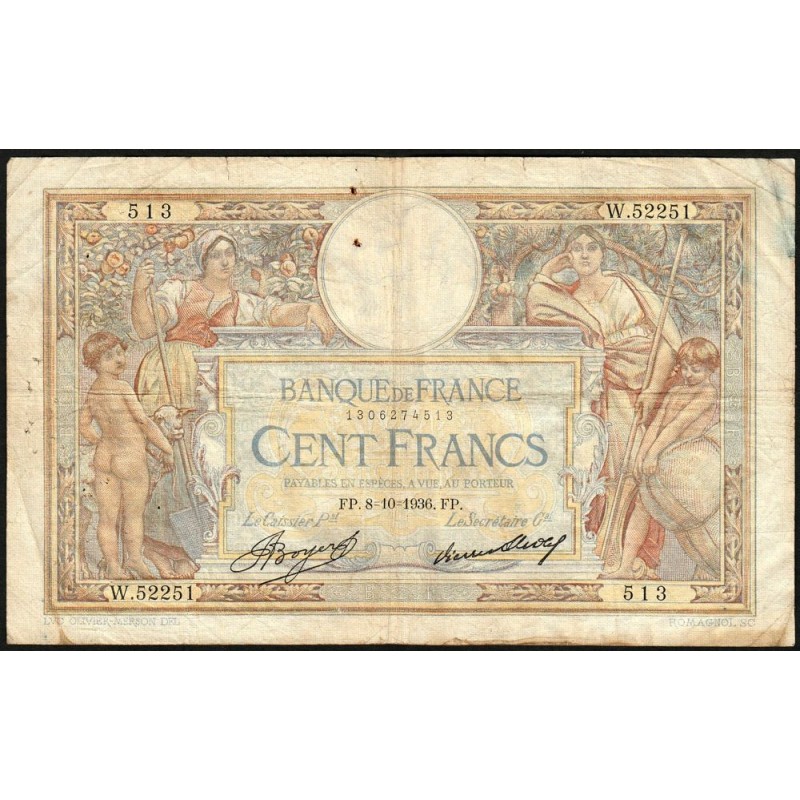 F 24-15 - 08/10/1936 - 100 francs - Merson grands cartouches - Série W.52251 (remplacem.) - Etat : TB-