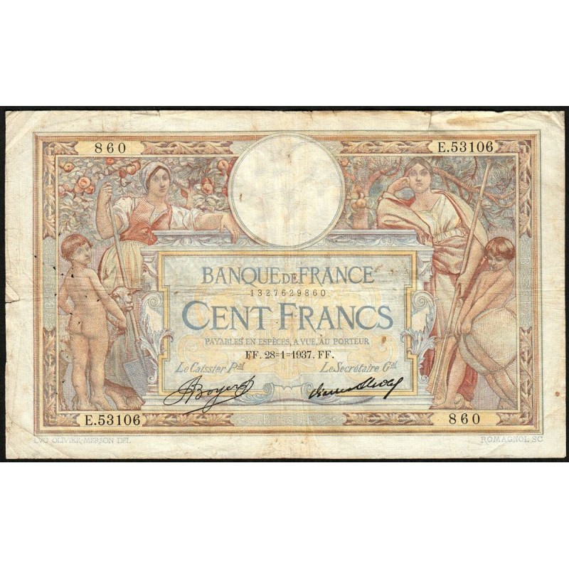 F 24-16 - 28/01/1937 - 100 francs - Merson grands cartouches - Série E.53106 - Etat : TB-