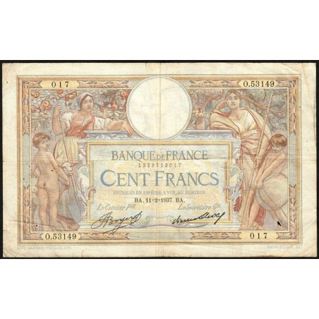 F 24-16 - 11/02/1937 - 100 francs - Merson grands cartouches - Série O.53149 - Etat : TB