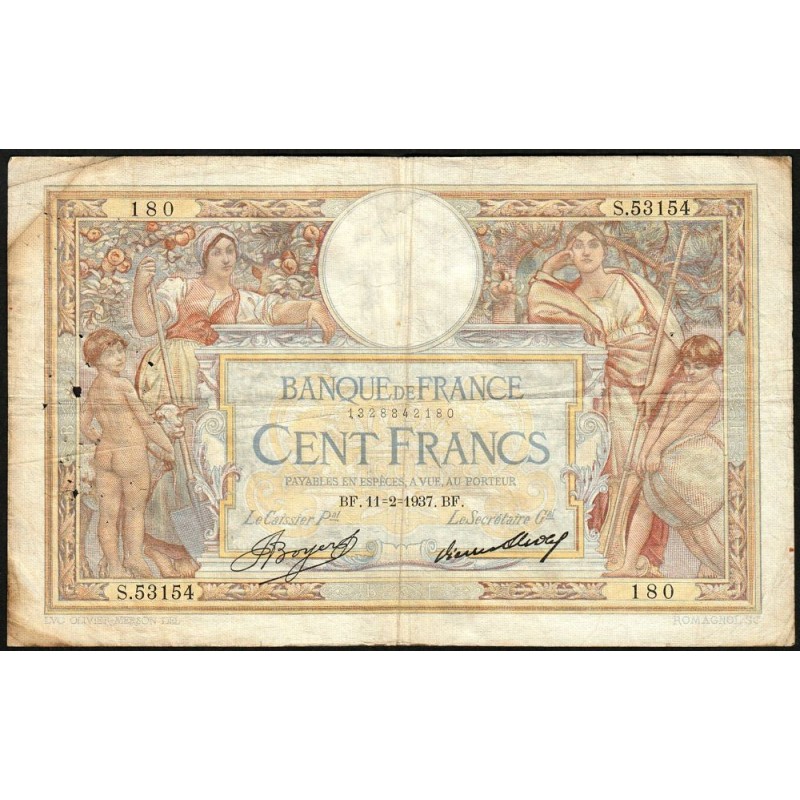 F 24-16 - 11/02/1937 - 100 francs - Merson grands cartouches - Série S.53154 - Etat : TB-