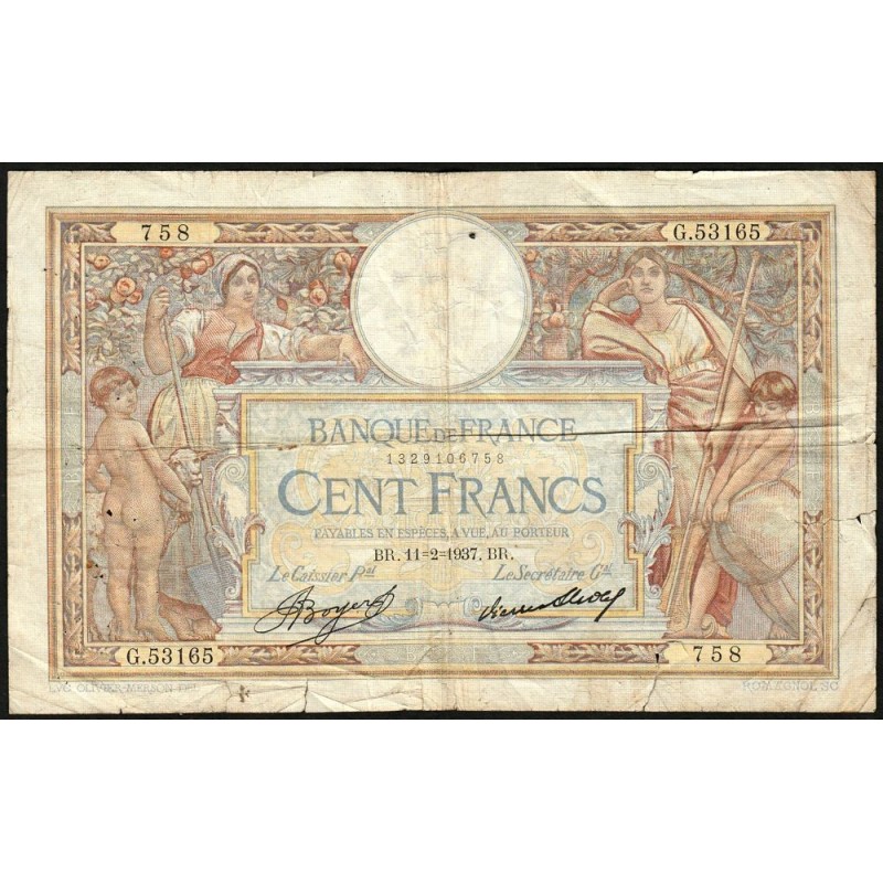 F 24-16 - 11/02/1937 - 100 francs - Merson grands cartouches - Série G.53165 - Etat : B