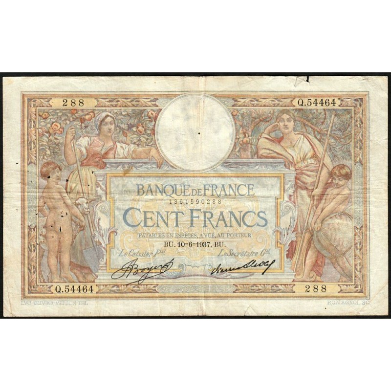 F 24-16 - 10/06/1937 - 100 francs - Merson grands cartouches - Série Q.54464 - Etat : TB