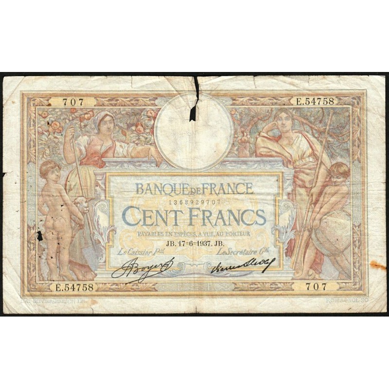 F 24-16 - 17/06/1937 - 100 francs - Merson grands cartouches - Série E.54758 - Etat : B-