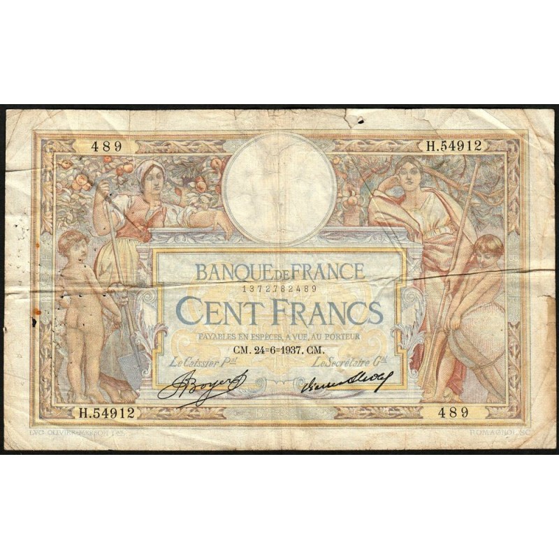 F 24-16 - 24/06/1937 - 100 francs - Merson grands cartouches - Série H.54912 - Etat : TB-