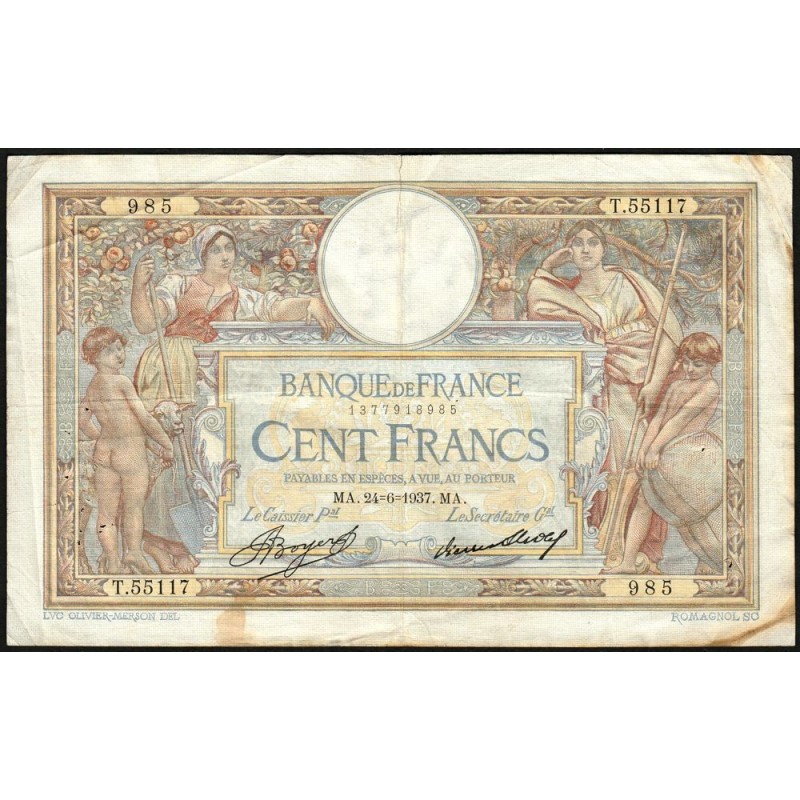 F 24-16 - 24/06/1937 - 100 francs - Merson grands cartouches - Série T.55117 - Etat : TB
