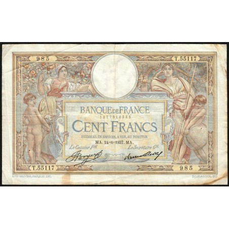 F 24-16 - 24/06/1937 - 100 francs - Merson grands cartouches - Série T.55117 - Etat : TB