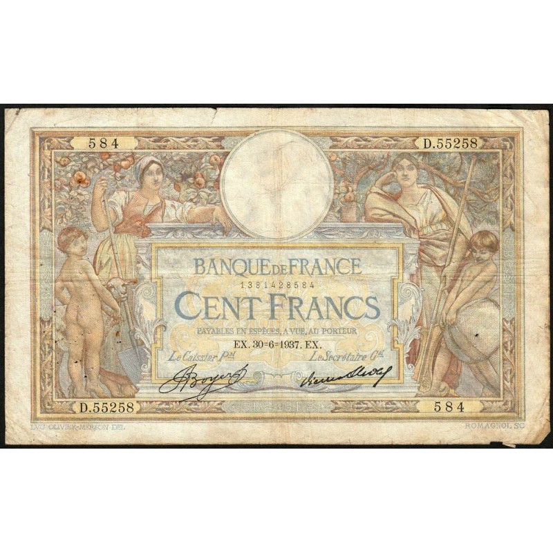 F 24-16 - 30/06/1937 - 100 francs - Merson grands cartouches - Série D.55258 - Etat : TB-