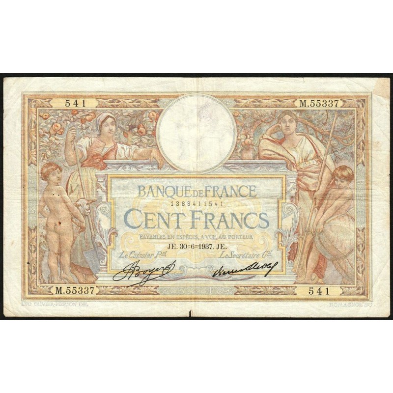 F 24-16 - 30/06/1937 - 100 francs - Merson grands cartouches - Série M.55337 - Etat : TB+
