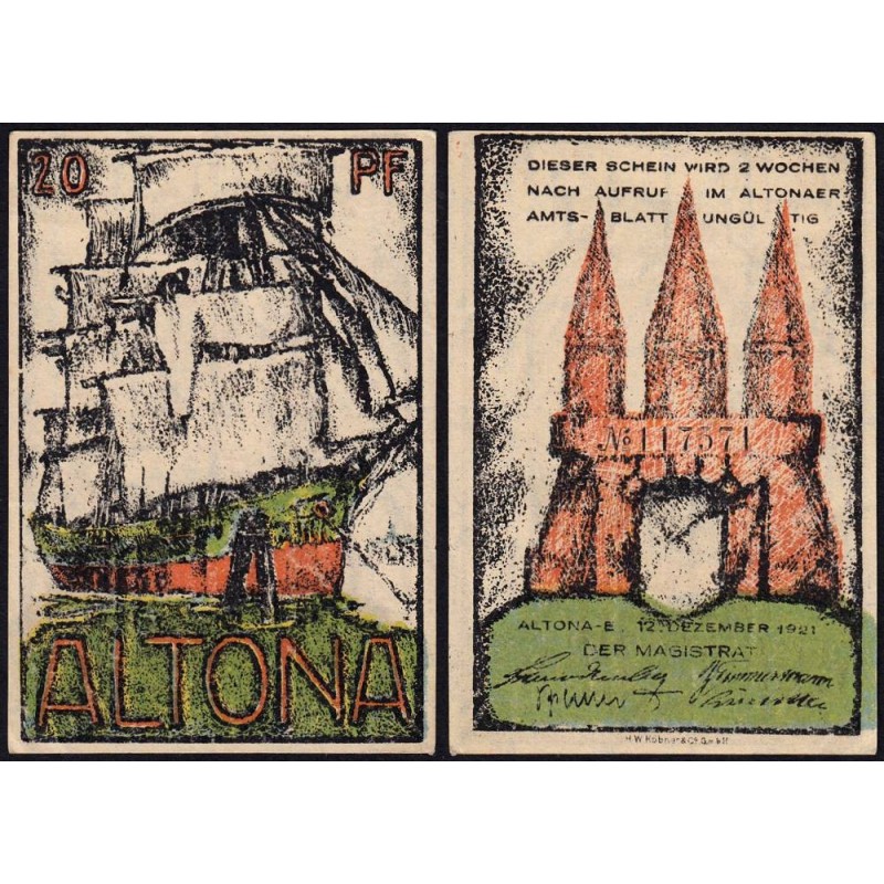 Allemagne - Notgeld - Altona - 20 pfennig - 12/12/1921 - Etat : SPL+