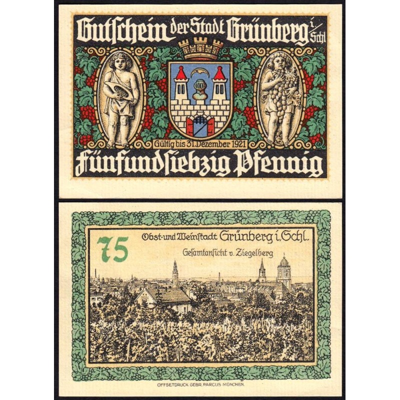 Pologne - Notgeld - Grünberg (Zielona Gora) - 75 pfennig - Type 1 - 1921 - Etat : SPL+
