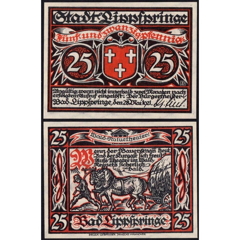 Allemagne - Notgeld - Lippspringe (Bad Lippspringe) - 25 pfennig - 28/05/1921 - Etat : NEUF
