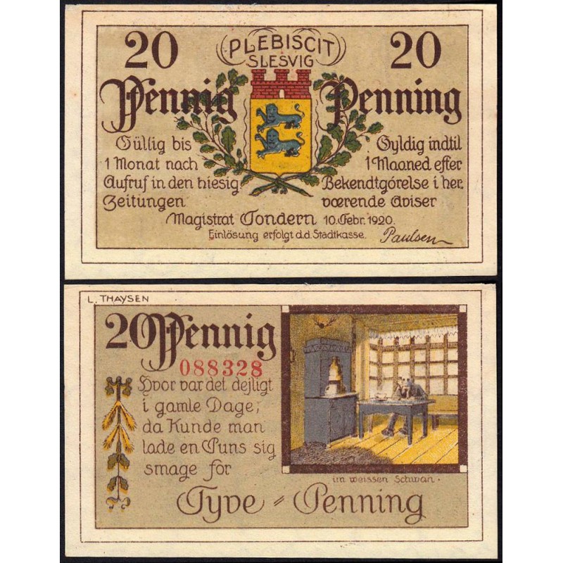 Danemark - Notgeld - Tondern (Tonder) - 20 pfennig - 10/02/1920 - Etat : SPL+