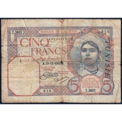 Tunisie - Pick 8a - 5 francs - Série T.3869 - 13/12/1932 - Etat : B+