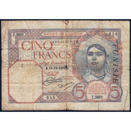 Tunisie - Pick 8a - 5 francs - Série T.3869 - 13/12/1932 - Etat : B+