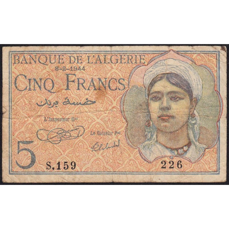 Algérie - Pick 94a - 5 francs - Série S.159 - 08/02/1944 - Etat : TB-