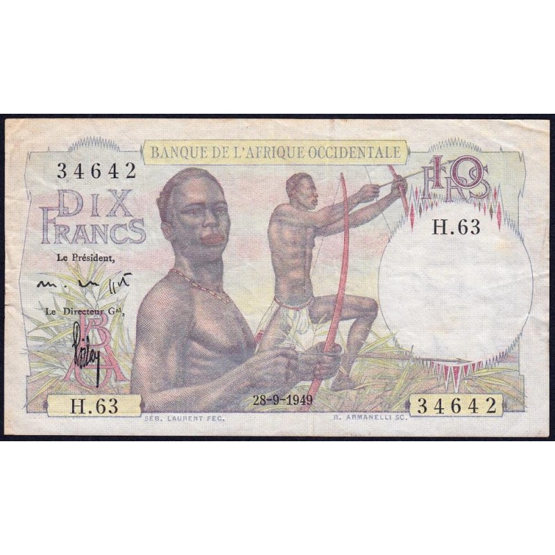 AOF - Pick 37_b3 - 10 francs - Série H.63 - 28/09/1949 - Etat : TTB