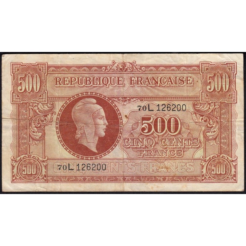 VF 11-01 - 500 francs - Marianne - 1945 - Série 70L - Etat : TB