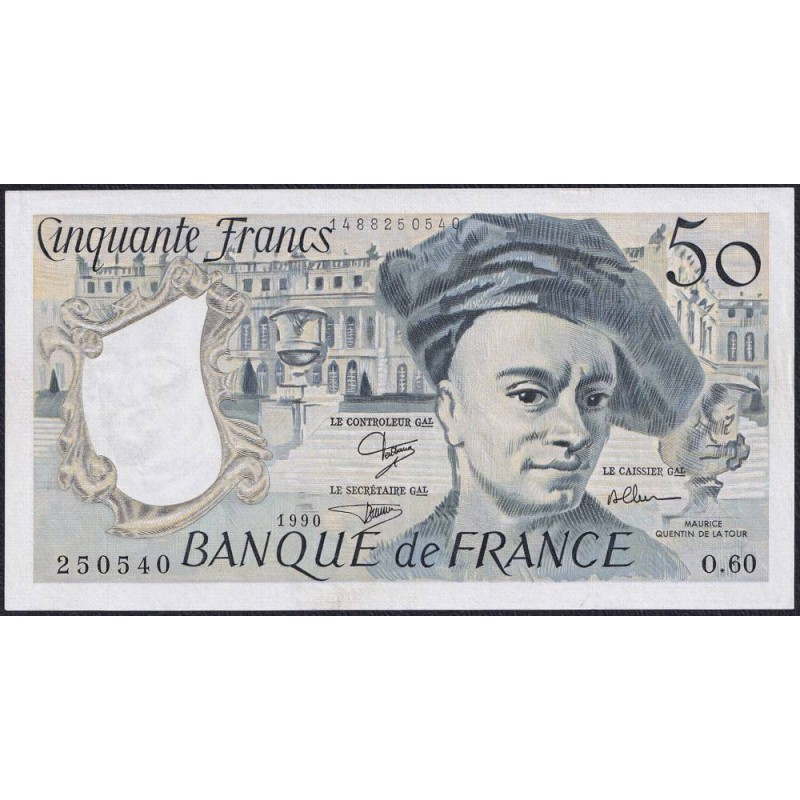 F 67-16v (variété) - 1990 - 50 francs - Quentin de la Tour - Série O.60 - Impression revers - Etat : SPL