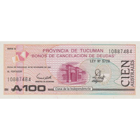 Argentine - Tucuman - Pick S 2715_3 - 100 australes - Série G - Loi 1989 - Etat : NEUF