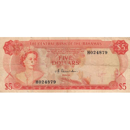 Bahamas - Pick 37a - 5 dollars - Série H - Loi 1974 - Etat : TB