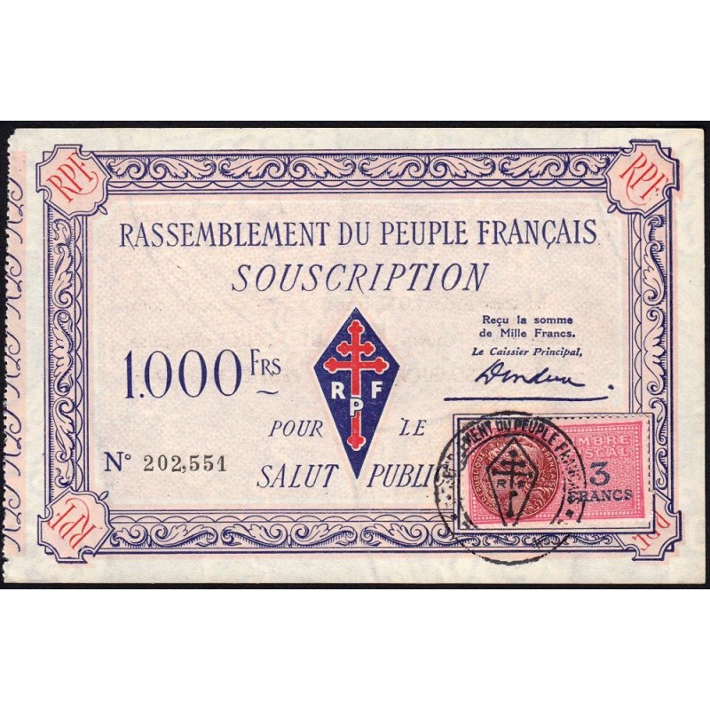 Rassemblement du Peuple Français - Type B-02b - 1'000 francs - Etat : SPL à SPL+