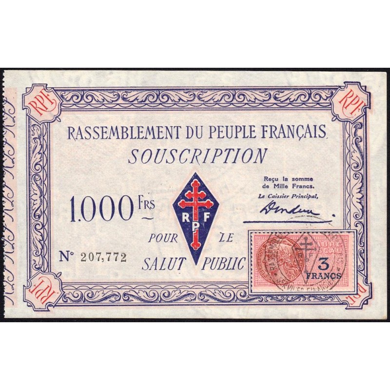 Rassemblement du Peuple Français - Type B-02b - 1'000 francs - Etat : SPL à SPL+