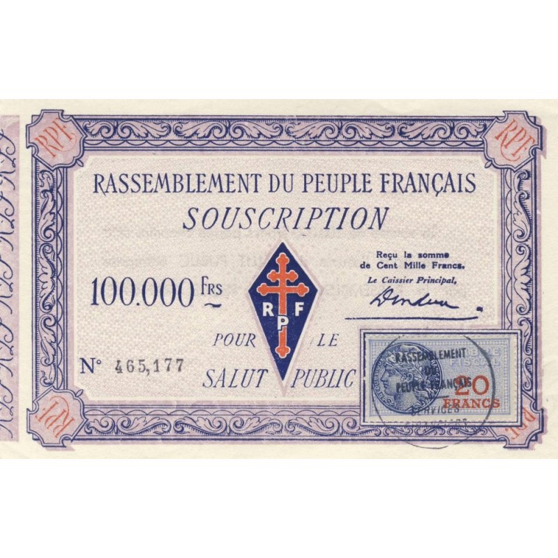 Rassemblement du Peuple Français - Type B-06a - 100'000 francs - Etat : SPL à SPL+