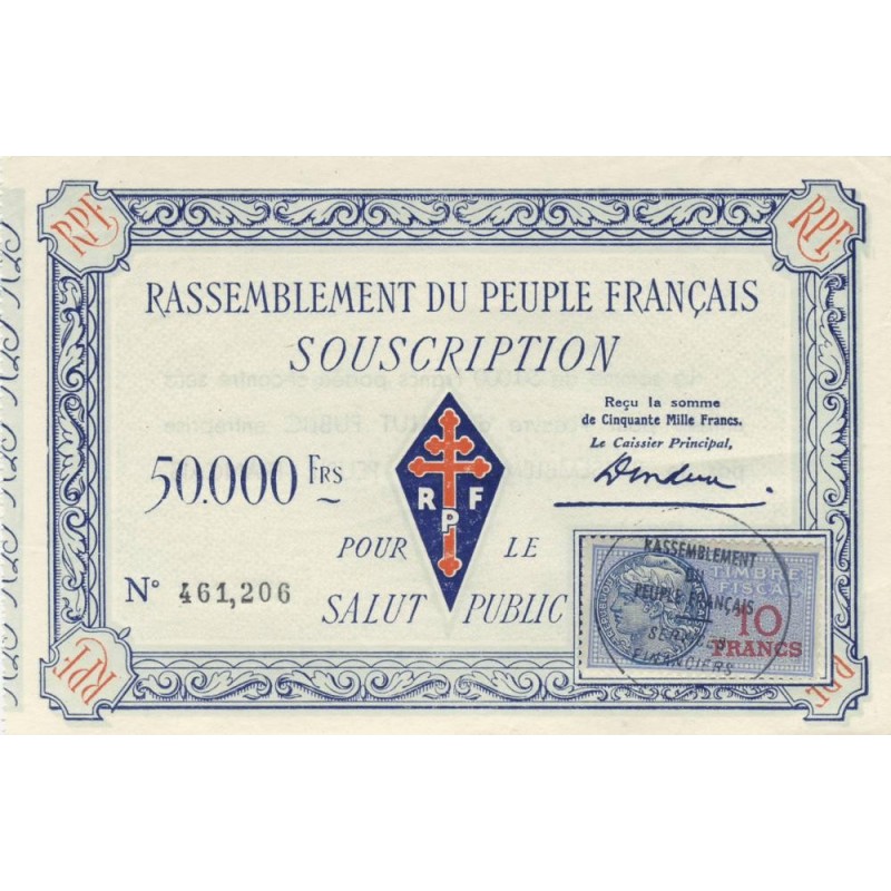 Rassemblement du Peuple Français - Type B-05a - 50'000 francs - Etat : SPL à SPL+