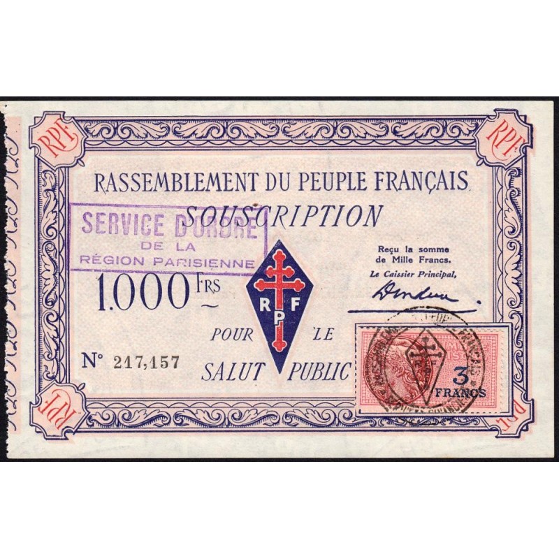 Rassemblement du Peuple Français - Type B-02c - 1'000 francs - Etat : SPL à SPL+