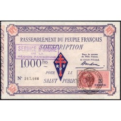 Rassemblement du Peuple Français - Type B-02c - 1'000 francs - Etat : SPL à SPL+