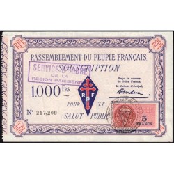 Rassemblement du Peuple Français - Type B-02c - 1'000 francs - Etat : SPL à SPL+