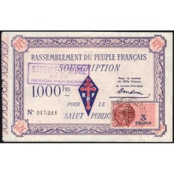 Rassemblement du Peuple Français - Type B-02c - 1'000 francs - Etat : SPL à SPL+